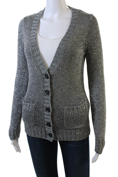 J Crew Womens Button Front Metallic Open Knit Cardigan Sweater Silver Size Small