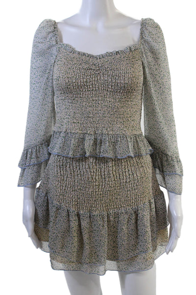 Storia Womens Long Sleeve Smocked Floral Top Skirt Set White Size Small