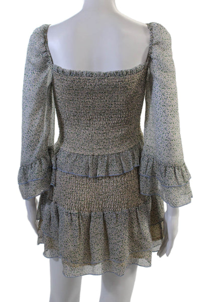 Storia Womens Long Sleeve Smocked Floral Top Skirt Set White Size Small