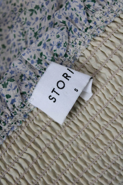Storia Womens Long Sleeve Smocked Floral Top Skirt Set White Size Small