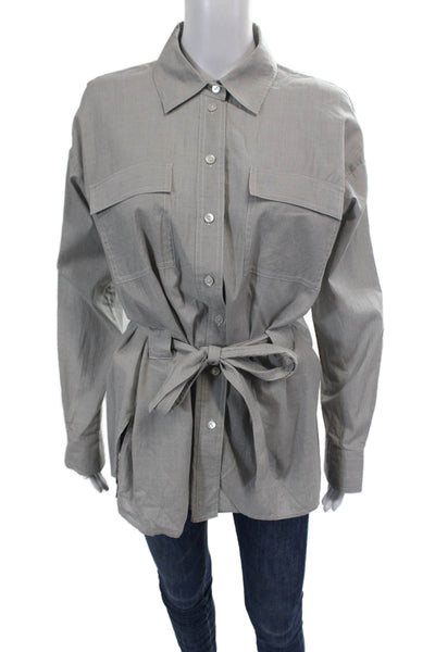 Worth New York Womens Button Front Collared Striped Shirt Gray White Size Small