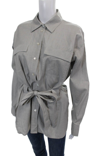 Worth New York Womens Button Front Collared Striped Shirt Gray White Size Small