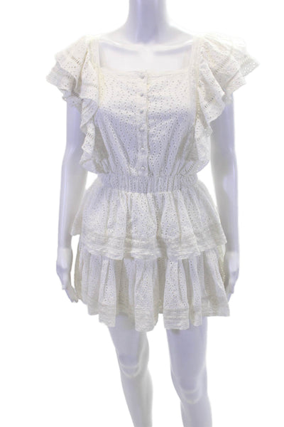 Maia Bergman Womens Eyelet Ruffled Tiered A Line Dress White Cotton Size Small