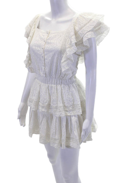 Maia Bergman Womens Eyelet Ruffled Tiered A Line Dress White Cotton Size Small