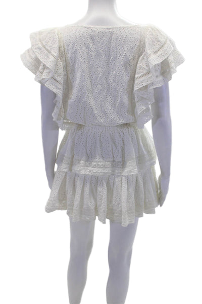Maia Bergman Womens Eyelet Ruffled Tiered A Line Dress White Cotton Size Small