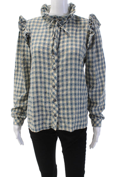 Lisa Says Gah Womens Plaid Ruffled Button Down Shirt Blue Cotton Size Small