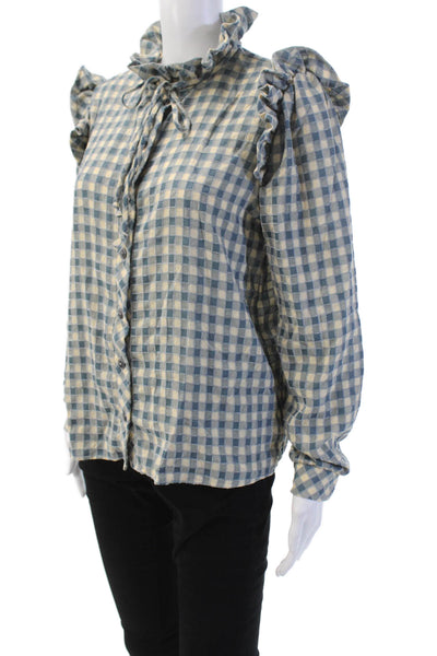 Lisa Says Gah Womens Plaid Ruffled Button Down Shirt Blue Cotton Size Small