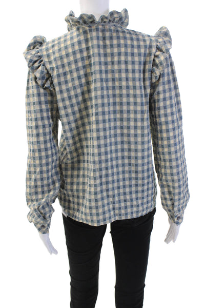 Lisa Says Gah Womens Plaid Ruffled Button Down Shirt Blue Cotton Size Small