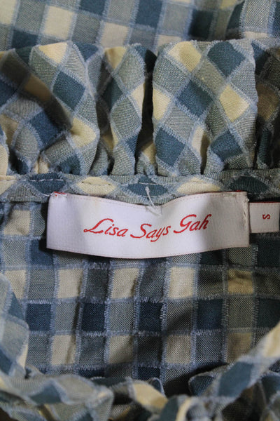 Lisa Says Gah Womens Plaid Ruffled Button Down Shirt Blue Cotton Size Small