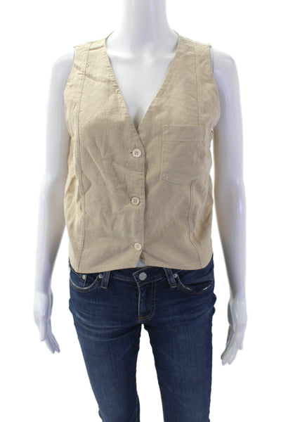 Stateside Womens Linen V-Neck Buttoned-Down Ruched Hem Vest Blouse Beige Size S
