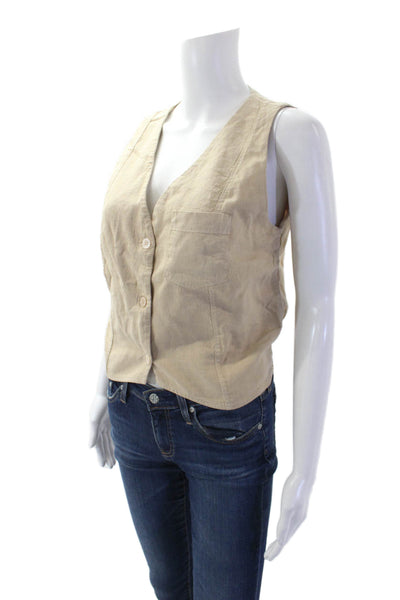 Stateside Womens Linen V-Neck Buttoned-Down Ruched Hem Vest Blouse Beige Size S