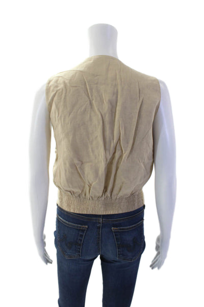 Stateside Womens Linen V-Neck Buttoned-Down Ruched Hem Vest Blouse Beige Size S