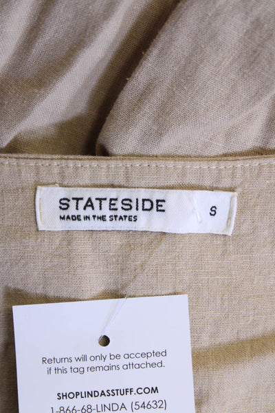 Stateside Womens Linen V-Neck Buttoned-Down Ruched Hem Vest Blouse Beige Size S