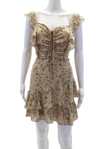 J.O.A. Womens Ruched Detail Floral Print Ruffled Strap Dress Beige Size L
