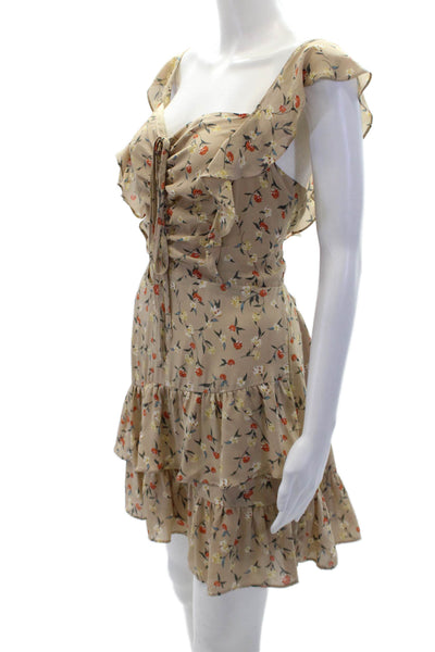 J.O.A. Womens Ruched Detail Floral Print Ruffled Strap Dress Beige Size L