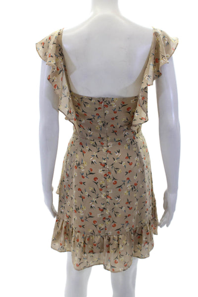 J.O.A. Womens Ruched Detail Floral Print Ruffled Strap Dress Beige Size L