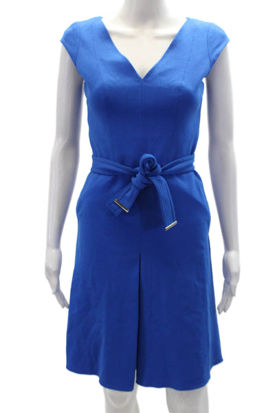 Karen Millen Women's V-Neck Cap Sleeves Belted Shift Mini Dress Blue Size 4