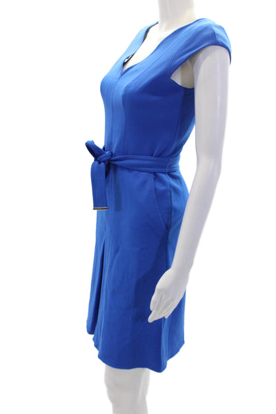 Karen Millen Women's V-Neck Cap Sleeves Belted Shift Mini Dress Blue Size 4