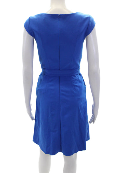 Karen Millen Women's V-Neck Cap Sleeves Belted Shift Mini Dress Blue Size 4