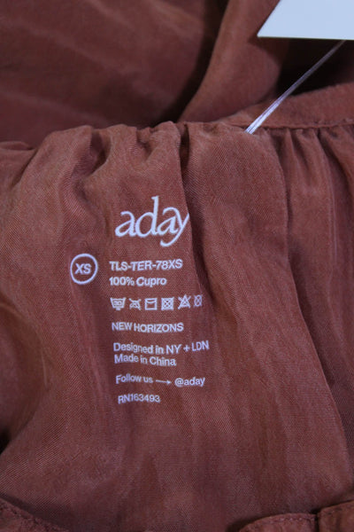 Aday  Women's Round Tie Neck Long Sleeves Silk Workwear Blouse Rust Size XS
