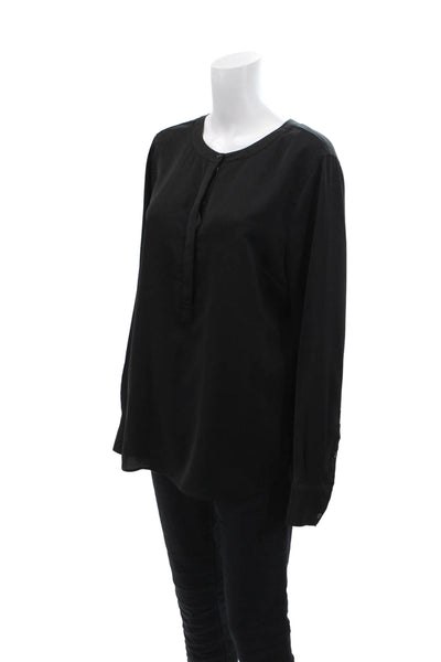 J Crew Womens Round Neck Buttoned Detail Long Sleeve Blouse Solid Black Size L