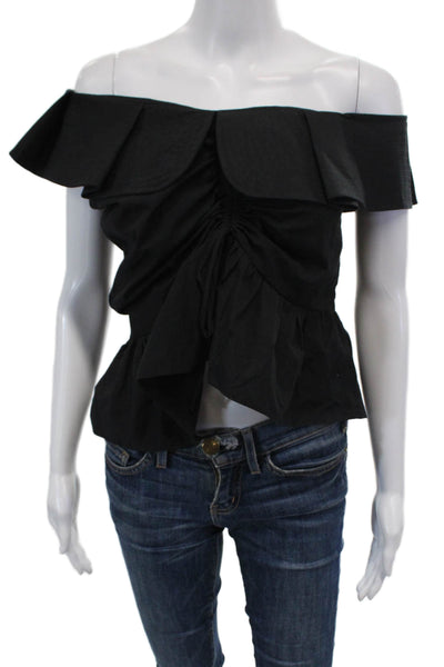 Mila Carr Womens Pleated Collar Ruched Short Sleeves Blouse Black Size 1
