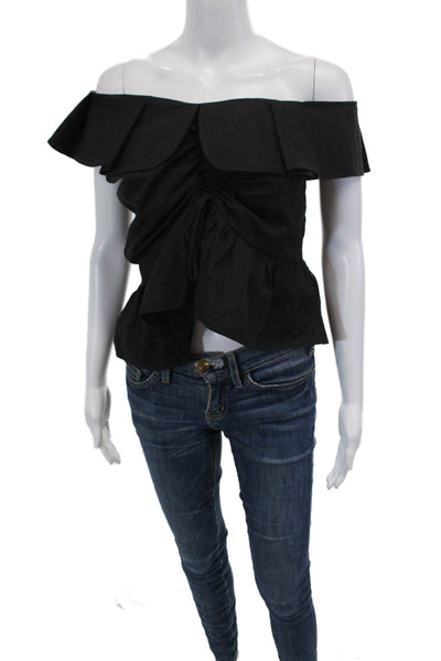 Mila Carr Womens Pleated Collar Ruched Short Sleeves Blouse Black Size 1