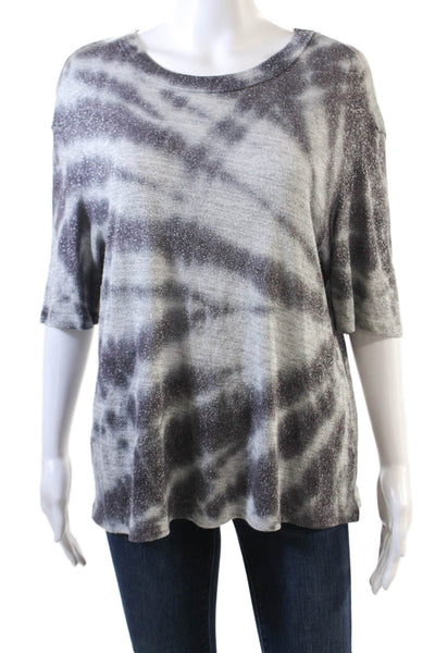 R+A Womens Crew Neck Metallic Weave Short Sleeve Tie Dye Shirt Gray Size M