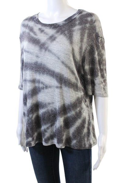 R+A Womens Crew Neck Metallic Weave Short Sleeve Tie Dye Shirt Gray Size M