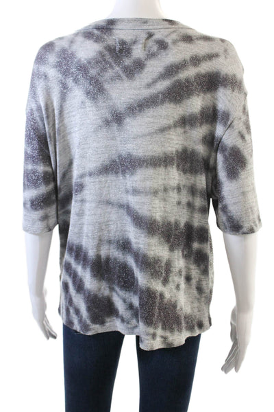 R+A Womens Crew Neck Metallic Weave Short Sleeve Tie Dye Shirt Gray Size M