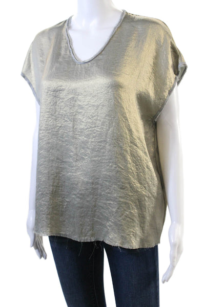 AQC Womens Raw Hem Detail Sleeveless Round Neck Metallic Blouse Gold Size 1