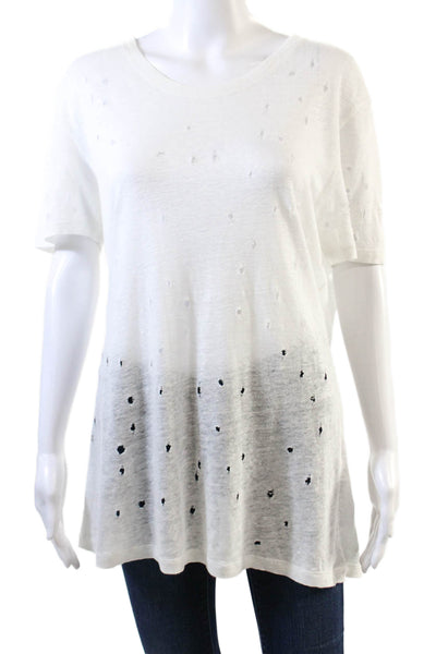 IRO Womens Linen Distressed Detail Crew Neck Short Sleeve T-Shirt White Size L