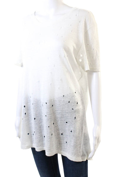 IRO Womens Linen Distressed Detail Crew Neck Short Sleeve T-Shirt White Size L