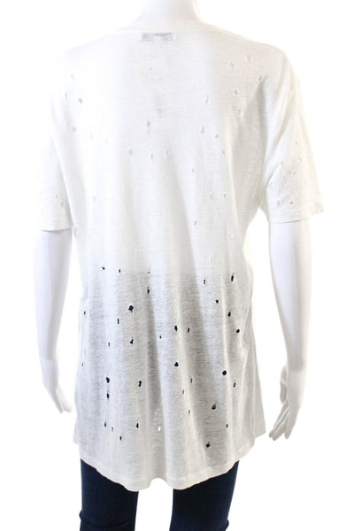 IRO Womens Linen Distressed Detail Crew Neck Short Sleeve T-Shirt White Size L