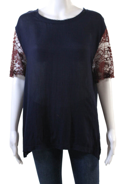 Raquel Allegra Womens Raw Hem Detail Lace Short Sleeve Detail Top Blue Size 1