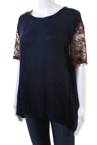 Raquel Allegra Womens Raw Hem Detail Lace Short Sleeve Detail Top Blue Size 1