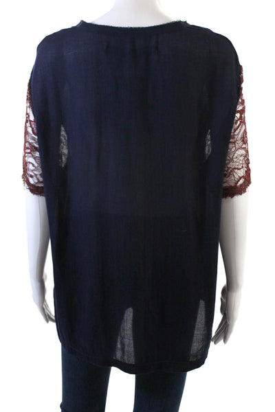 Raquel Allegra Womens Raw Hem Detail Lace Short Sleeve Detail Top Blue Size 1
