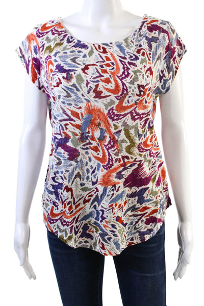 Nicole Miller Womens Linen Short Sleeve Round Neck Pattern Top Multi Size M