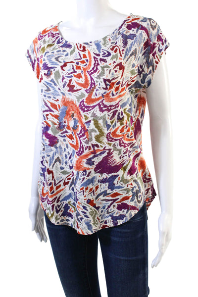 Nicole Miller Womens Linen Short Sleeve Round Neck Pattern Top Multi Size M