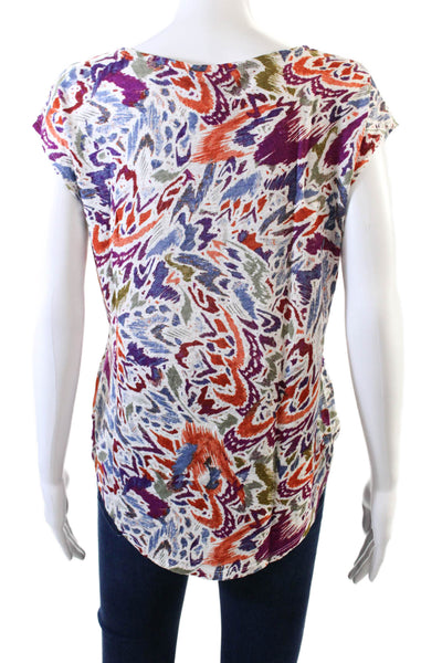 Nicole Miller Womens Linen Short Sleeve Round Neck Pattern Top Multi Size M