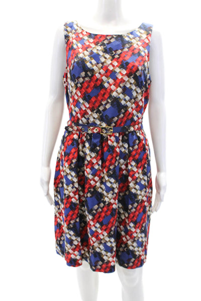 Trina Turk Womens Round Neck Sleeveless Belted Flare Geometric Mini Dress Size 1