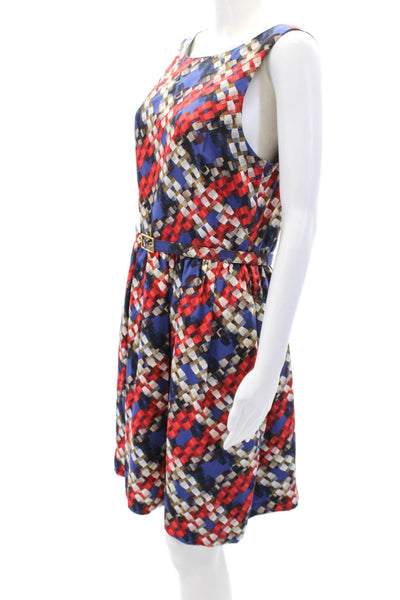 Trina Turk Womens Round Neck Sleeveless Belted Flare Geometric Mini Dress Size 1