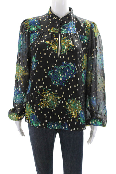 ALC Women's Long Sleeves Round Neck Spotted Dot Printed Blouse Black Size 10