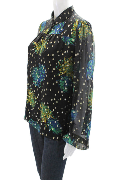 ALC Women's Long Sleeves Round Neck Spotted Dot Printed Blouse Black Size 10
