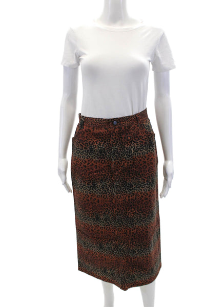 BruceGlen Womens Linear Leopard High Waist Midi Denim Skirt - Linear Leopard Siz
