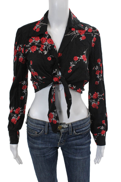 Reformation Womens Long Sleeve Floral Printed Tie Front Top Black Size XS