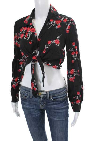 Reformation Womens Long Sleeve Floral Printed Tie Front Top Black Size XS