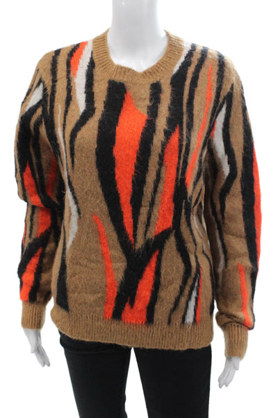 Sandro Womens Textured Knit Round Neck Long Sleeve Pattern Sweater Brown Size L