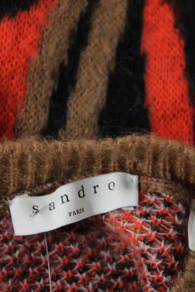 Sandro Womens Textured Knit Round Neck Long Sleeve Pattern Sweater Brown Size L