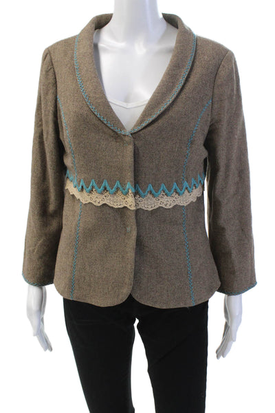 Tibi Womens Embroidered Button Down Jacket Brown Blue Wool Blend Size 12